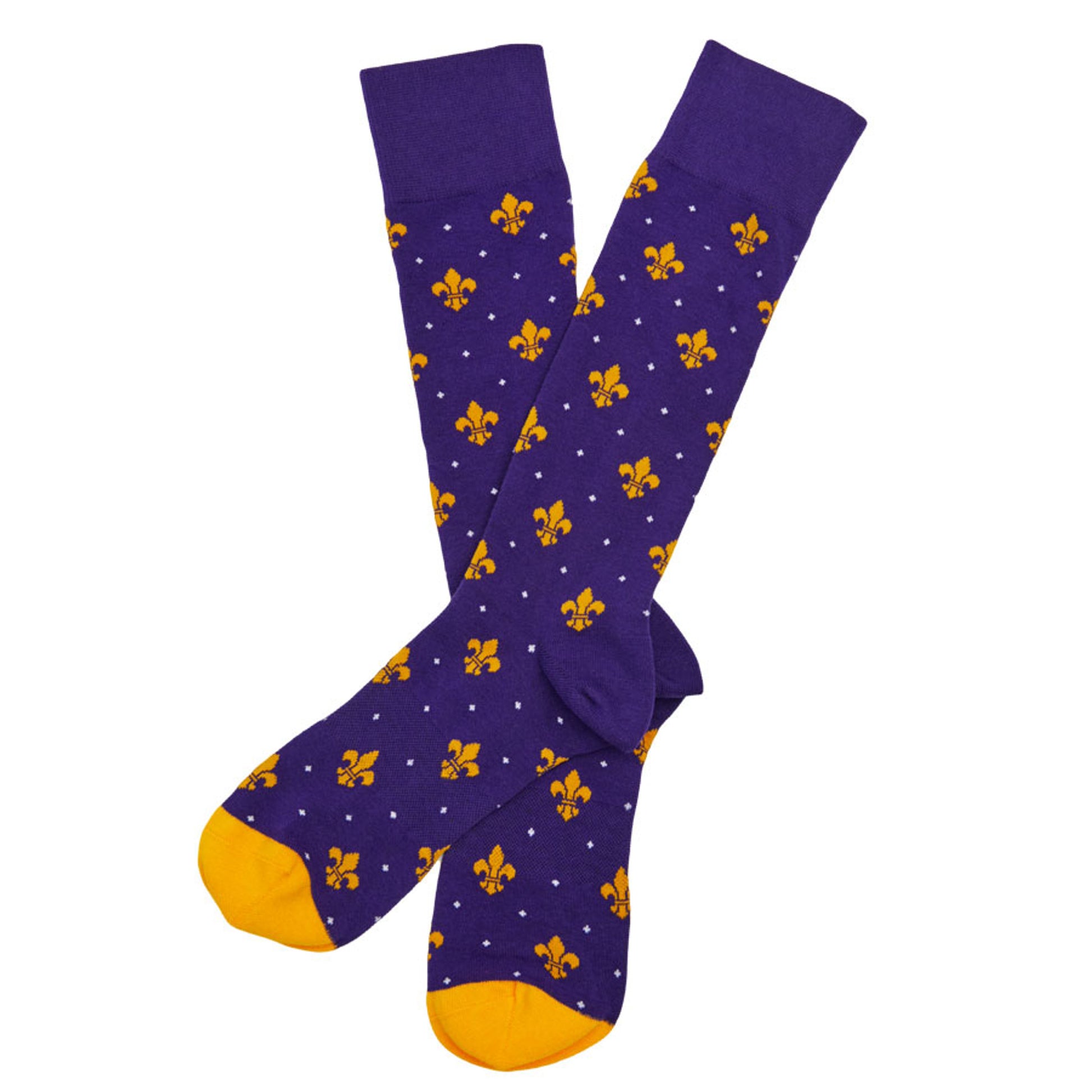 Purple and Gold Fleur de lis dress socks laid out flat.