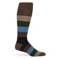 Brown, tan, green and navy striped dress socks on a mannequin.