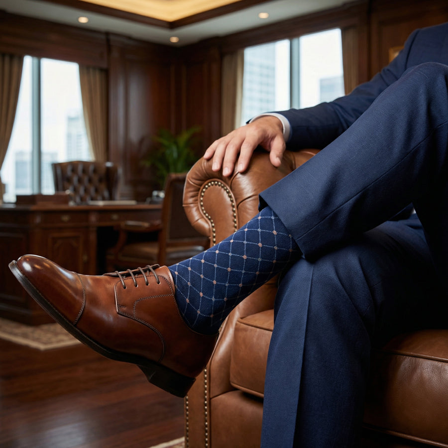 Fuller dress socks worn in professional business meeting setting