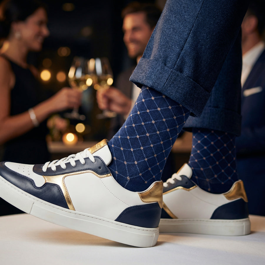 Fuller dress socks styled with sneakers for casual wear