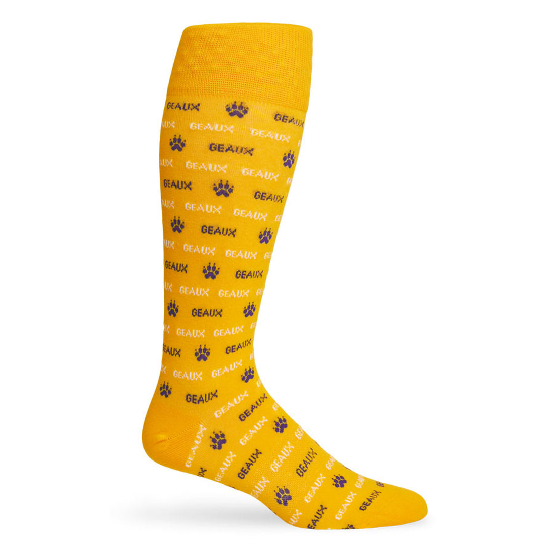 Gold dress socks with GEAUX in purple writing.