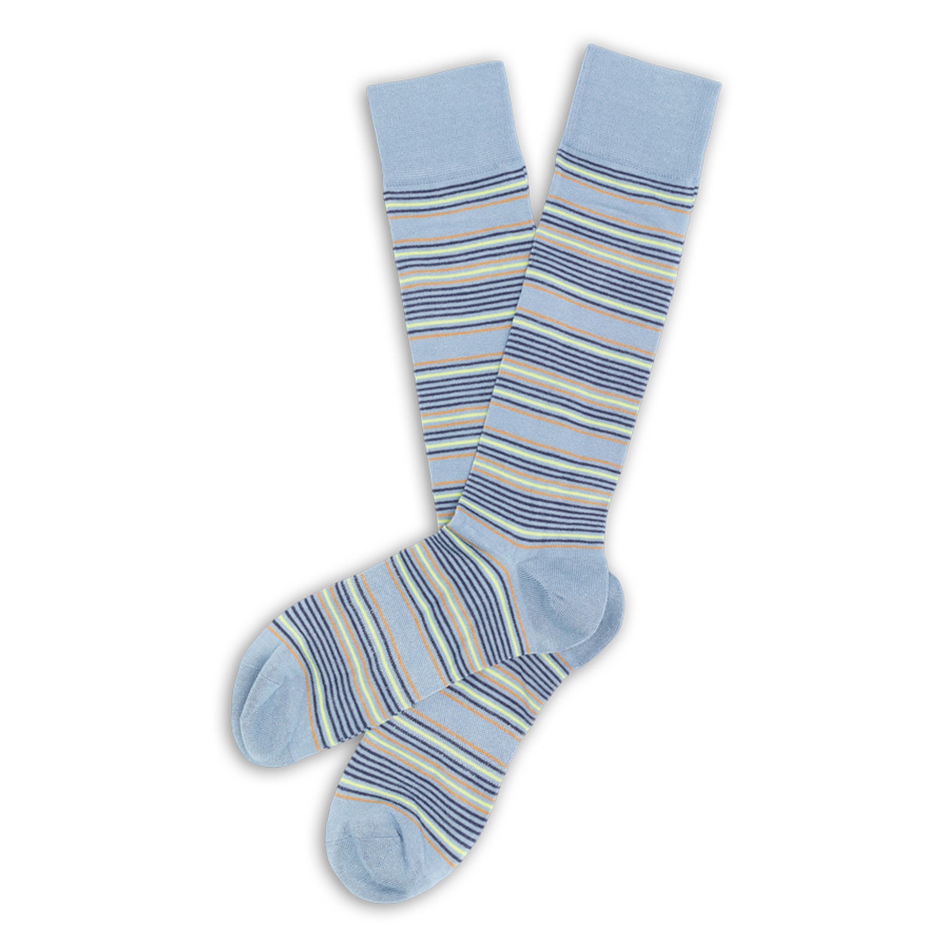 Light blue dress socks with orange, navy blue, yellow small accent stripes shown laid flat.