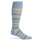 Light blue dress socks with orange, navy blue, yellow small accent stripes shown on a mannequin.