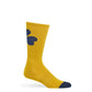 Gold casual socks with a navy clover on the back of the leg and a navy toe