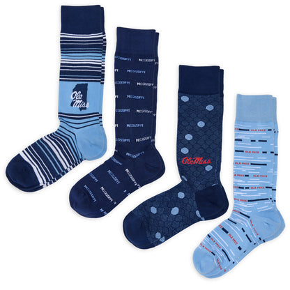 DeadSoxy Ole Miss Golding 4-Pack — full bundle of four officially licensed Ole Miss dress socks laid out together