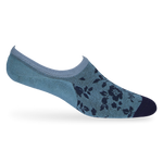 1 powder blue no show sock with a solid navy toe and navy leaf pattern towards the front displayed on a mannequin heel lifted