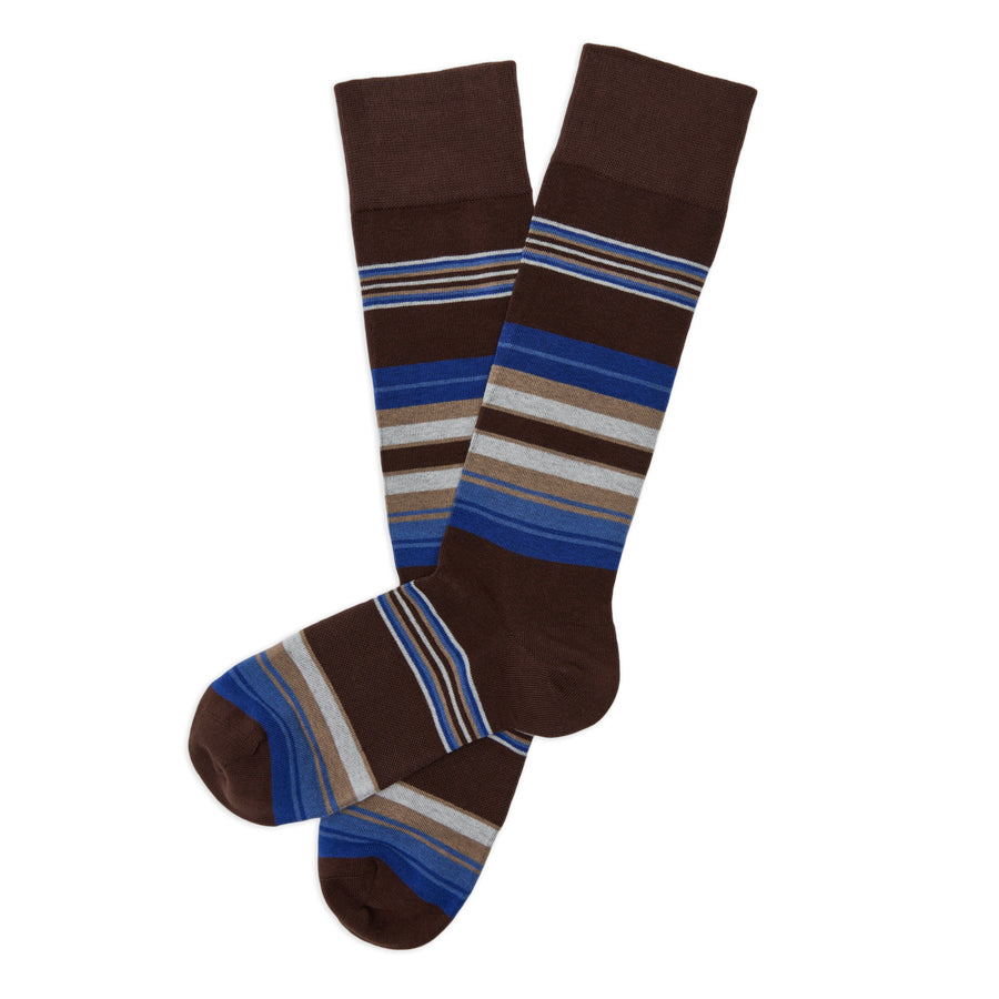 Grant dress socks flat lay showing full brown cobalt blue and gray stripe pattern