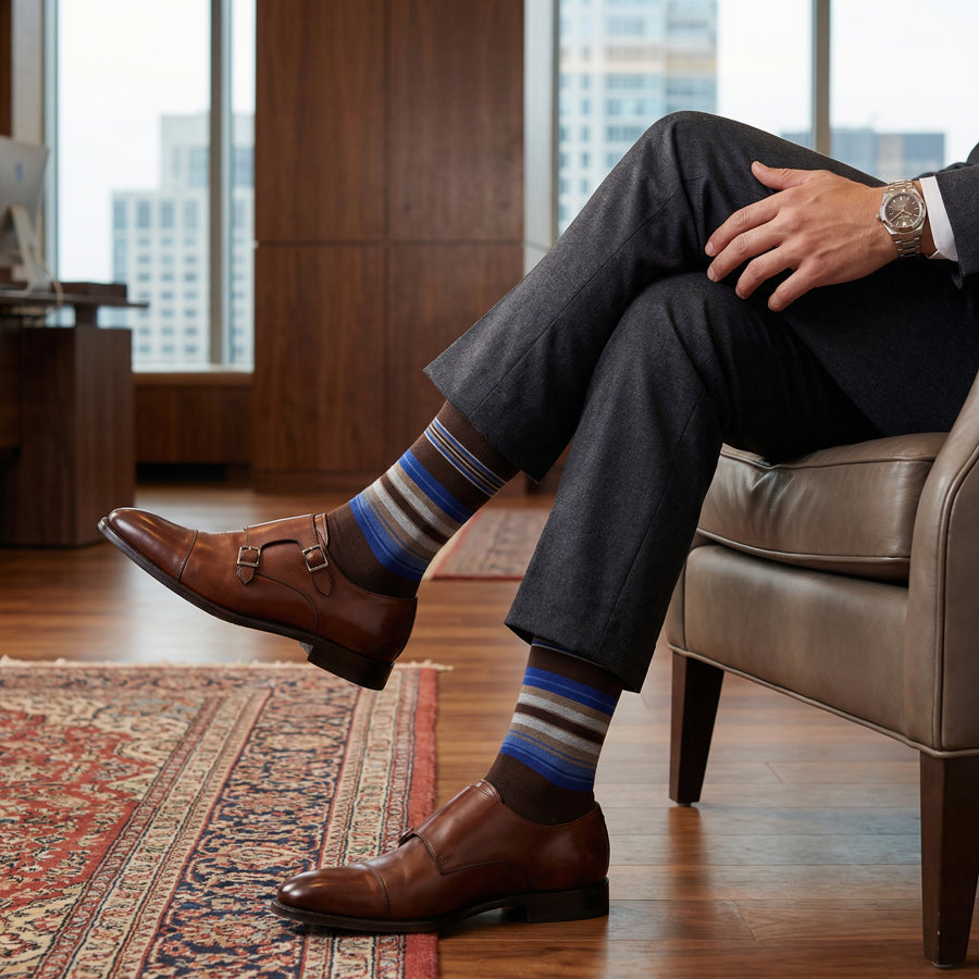 Grant Dress Socks | Brown & Cobalt Stripe | DeadSoxy Grant Dress Socks | Brown & Cobalt Stripe | DeadSoxy