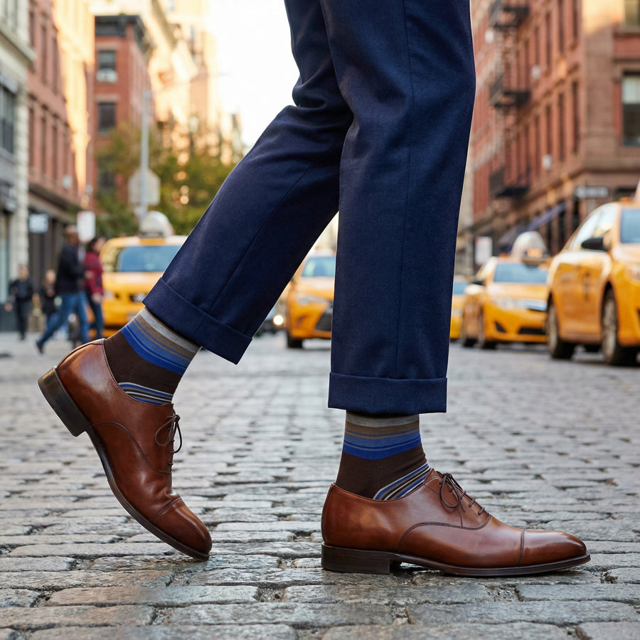 Grant brown and cobalt stripe dress socks styled in urban setting