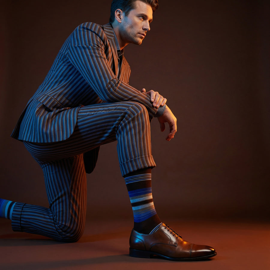 Grant brown and blue stripe dress socks under neon lighting