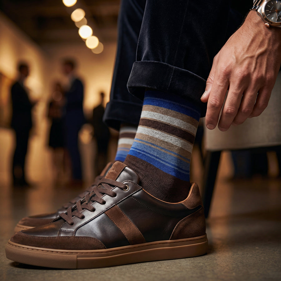 Grant brown stripe dress socks styled with sneakers for casual wear