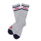 Grey casual crew socks with Ole Miss script on the leg and two retro stripes shown laid flat.