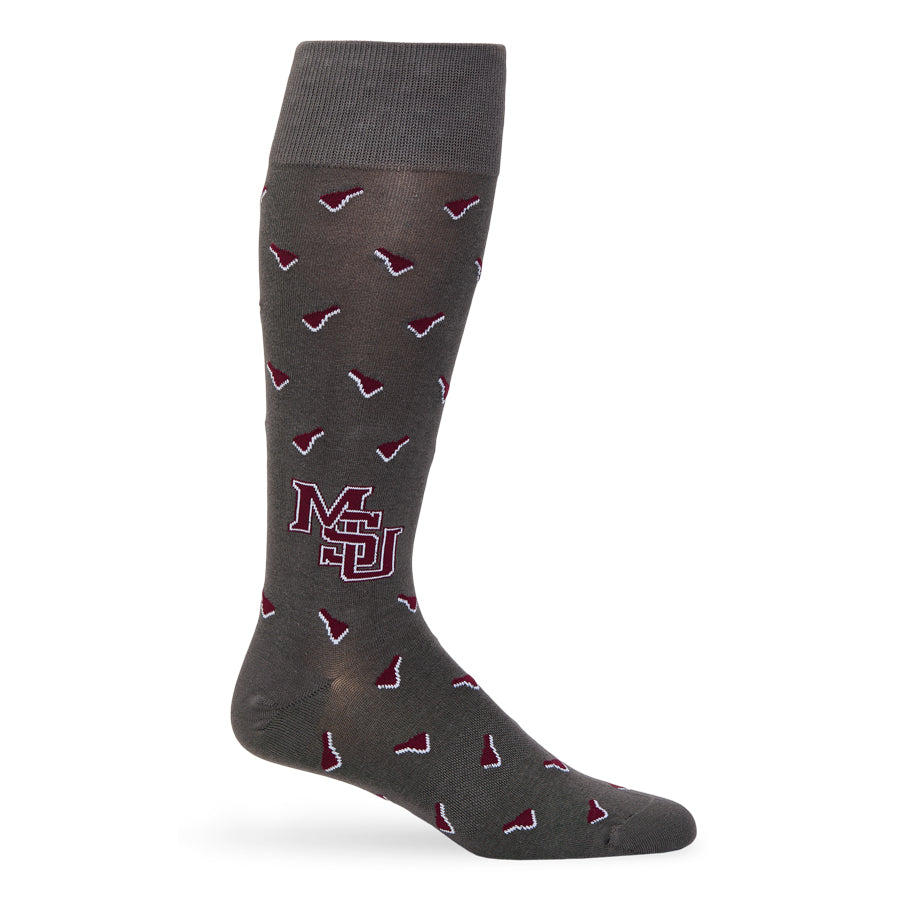MSU Gray Cowbell Dress socks worn, showing scattered maroon cowbells and the interlocking MSU logo on charcoal