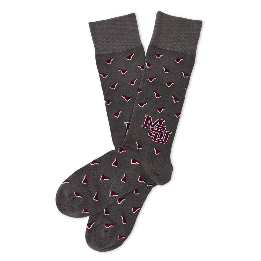 MSU Gray Cowbell Dress socks laid flat, showing scattered maroon cowbells and the interlocking MSU logo on charcoal