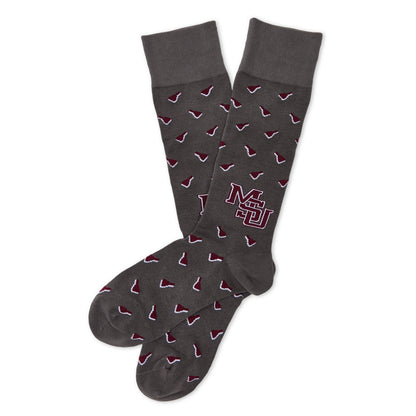 MSU Gray Cowbell Dress socks laid flat, showing scattered maroon cowbells and the interlocking MSU logo on charcoal