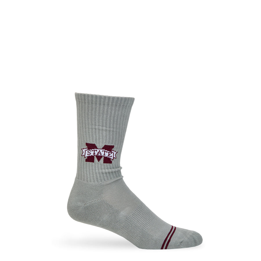 Gray M-State Logo Casual socks worn, showing the maroon M-STATE banner logo on a heather-gray crew