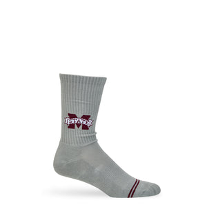 Gray M-State Logo Casual socks worn, showing the maroon M-STATE banner logo on a heather-gray crew
