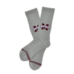 Gray M-State Logo Casual socks laid flat, showing the maroon M-STATE banner logo on a heather-gray crew