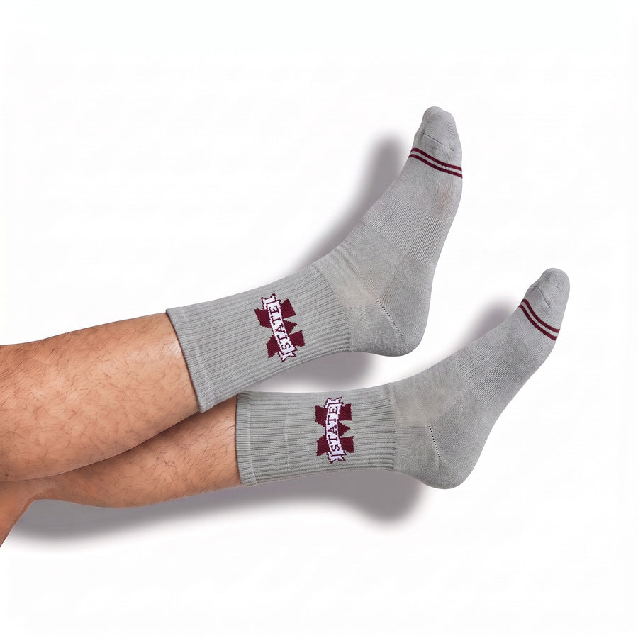 Mississippi State Sock Club — Gray M-State Logo casual crew styled, banner logo on heather gray