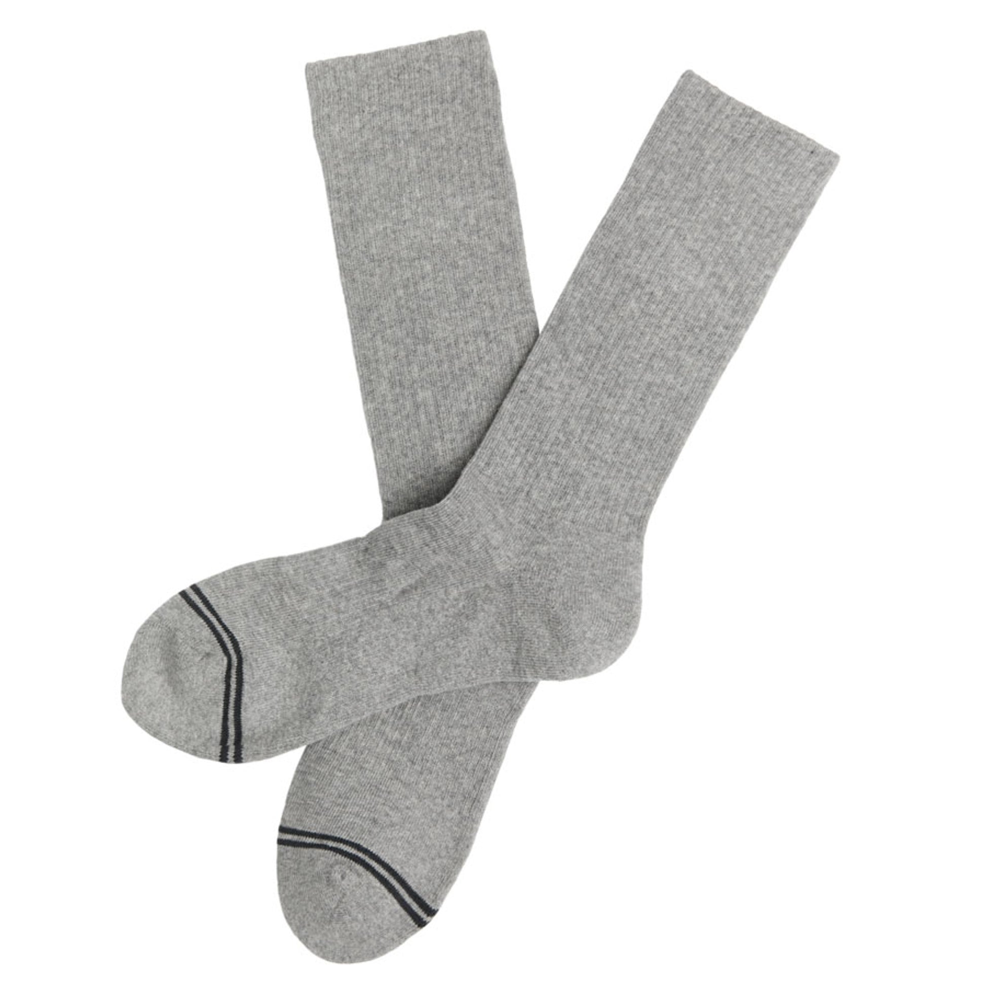Grey casual crew athletic lounger sock with light blue double stripe across toe laid out flat