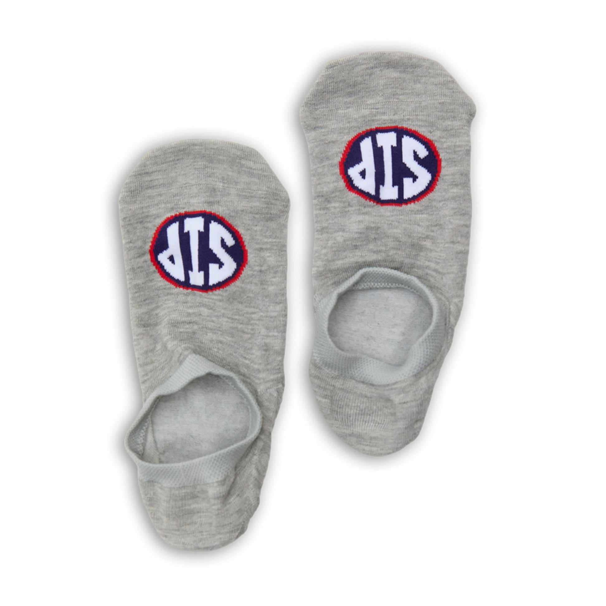 Grey no show liner socks with SIP on the top of the foot laid out flat.