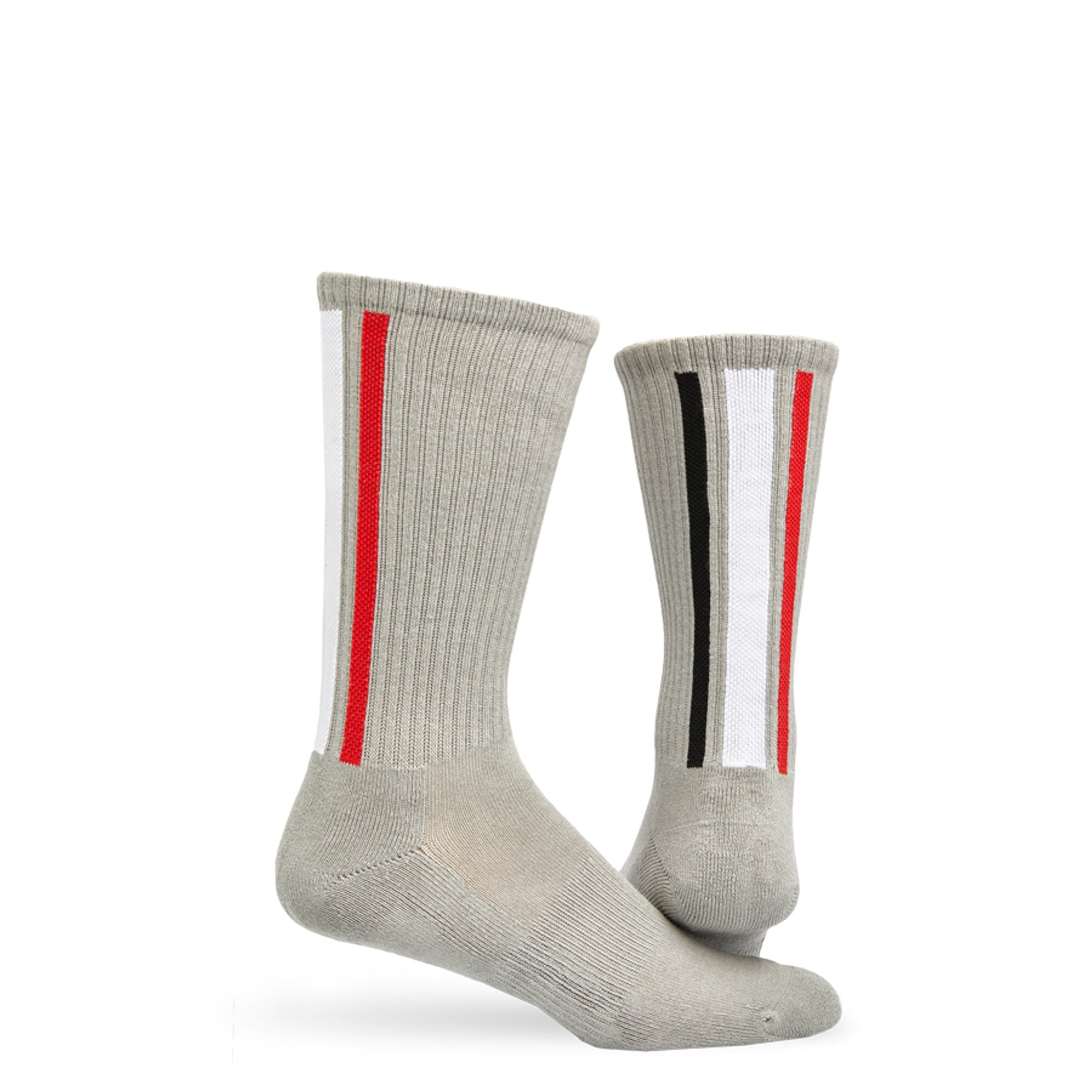 Silver athletic casual socks with cushion foot and red, white, and black stripes down the back of the leg