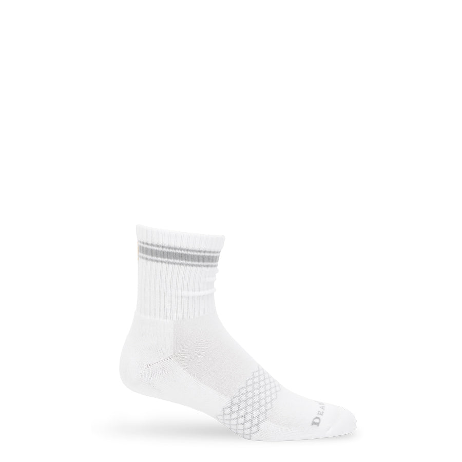 White and grey women's quarter crew socks shown upright with ribbed cuff and striped detail.