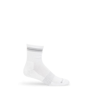 White and grey women's quarter crew socks shown upright with ribbed cuff and striped detail.