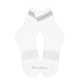 Flat-lay image of white and grey women’s quarter crew socks showing ribbing and reinforced heel.