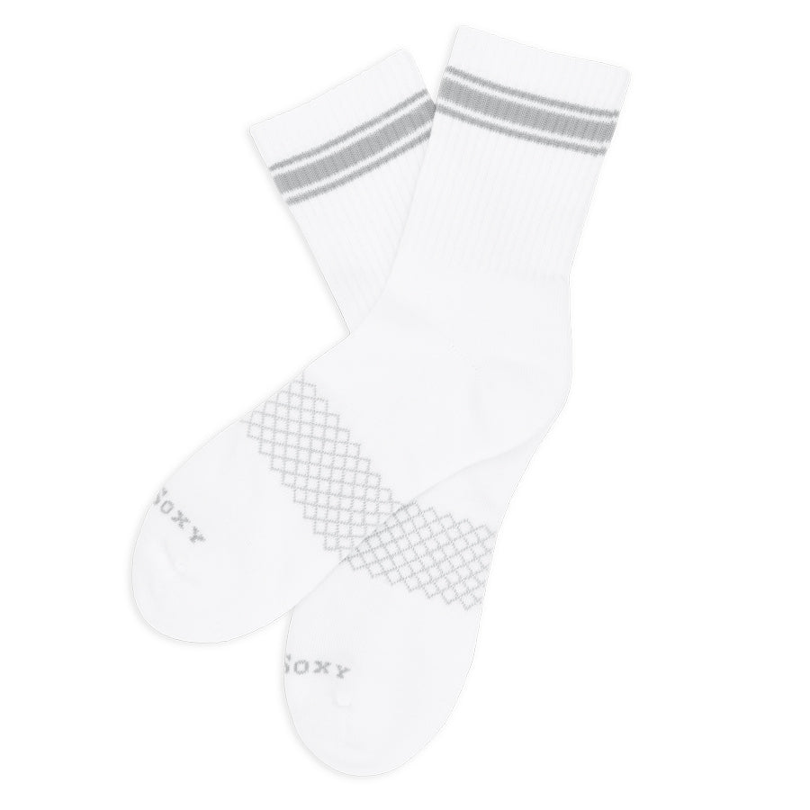 White and grey quarter crew socks laid flat to display full design and cushioning.