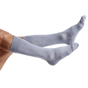 Premium grey dress socks on male leg model