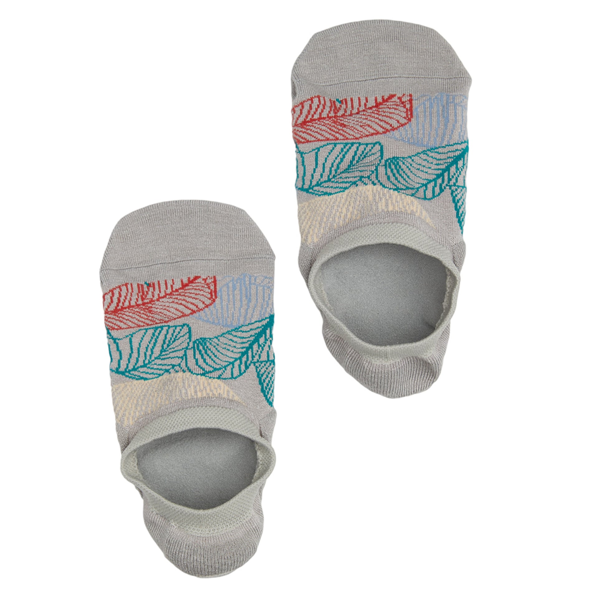 1 pair of no show socks lay flat side by side in solid grey with a multi color leaf pattern in green blue orange and white