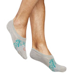 No show socks on male model solid grey with a multi color leaf pattern in green blue orange and white