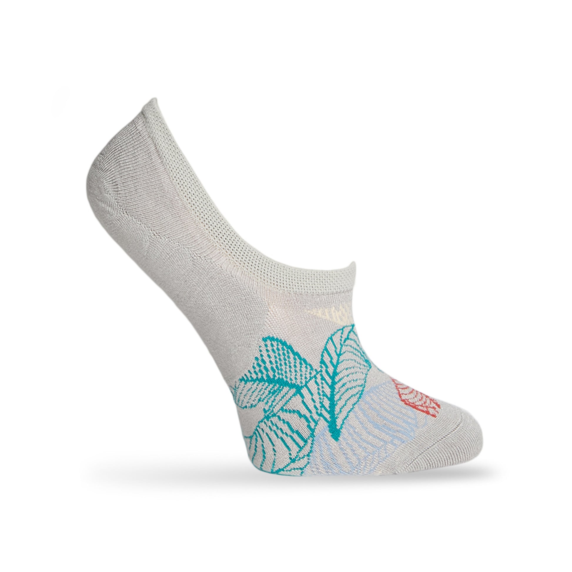 1 no show sock in solid grey with a multi color leaf pattern in orange white green and blue displayed on a mannequin