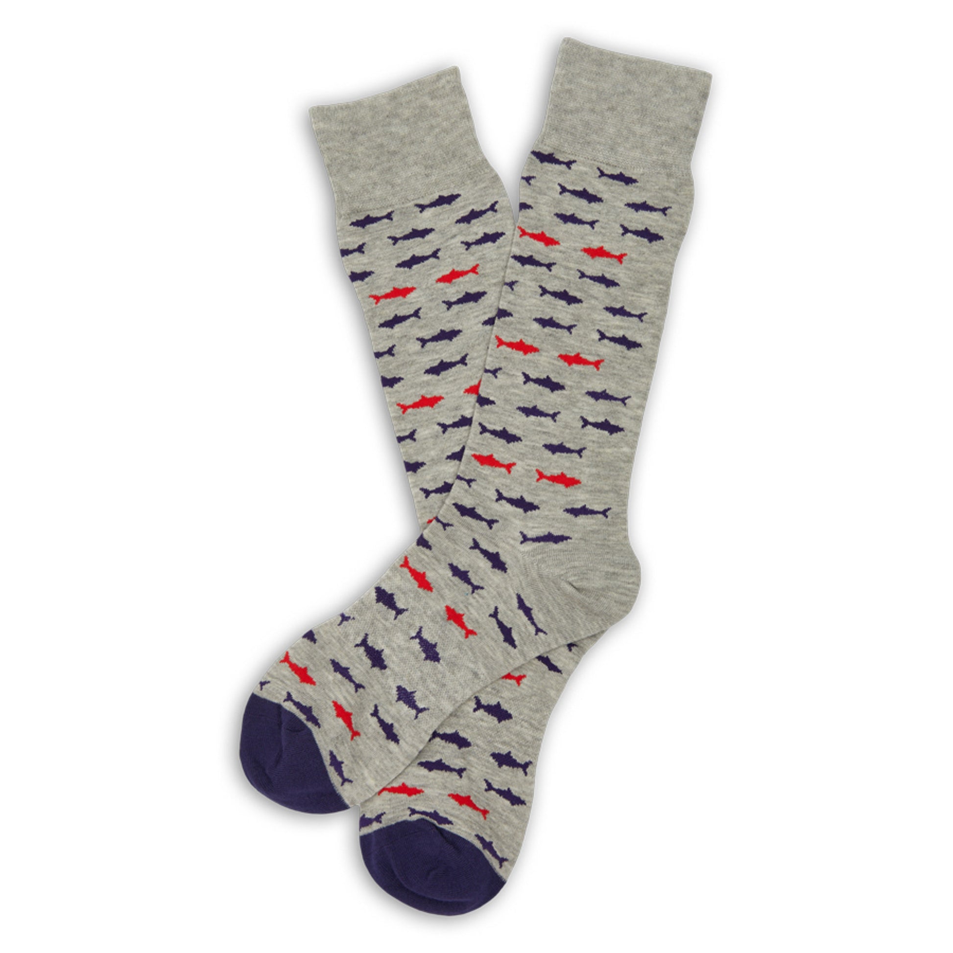 Heather grey dress socks with sharks in red and navy blue laid flat