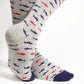 Heather grey dress socks with sharks in red and navy blue