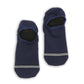 pair of no show socks flat side by side solid navy blue with light grey double horizontal stripe over toe