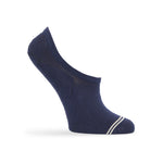 1 no show sock in solid navy blue and a light gray double horizontal stripe over toe displayed on mannequin