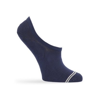 1 no show sock in solid navy blue and a light gray double horizontal stripe over toe displayed on mannequin