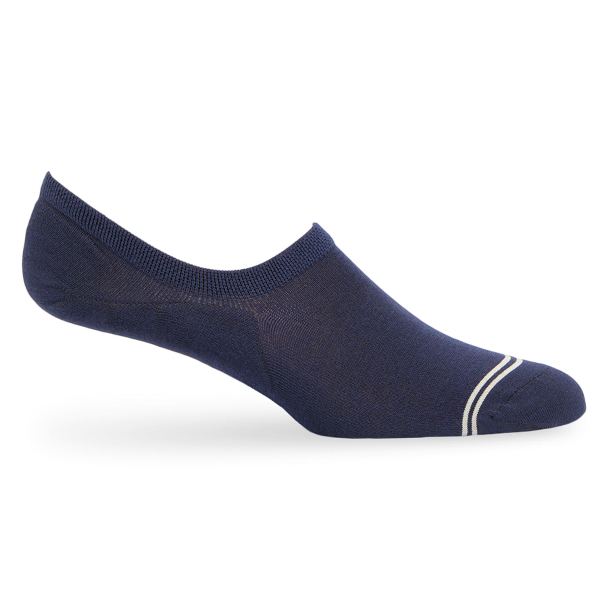 Lay flat no show sock in navy blue with a gray double stripe above the toe
