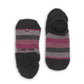 Black no show socks with pink and grey mini stripes laid out flat