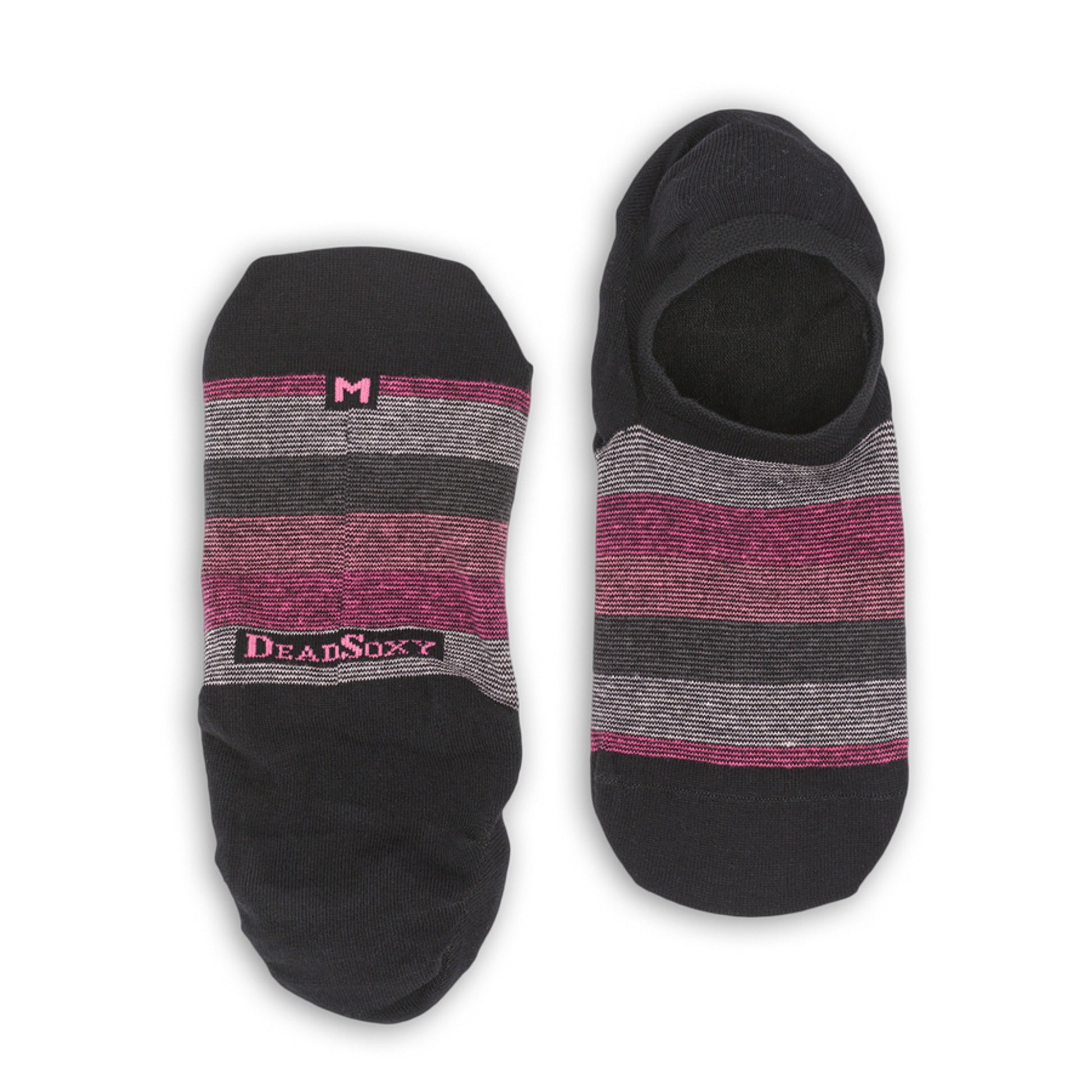 Black no show socks with pink and grey mini stripes laid out flat