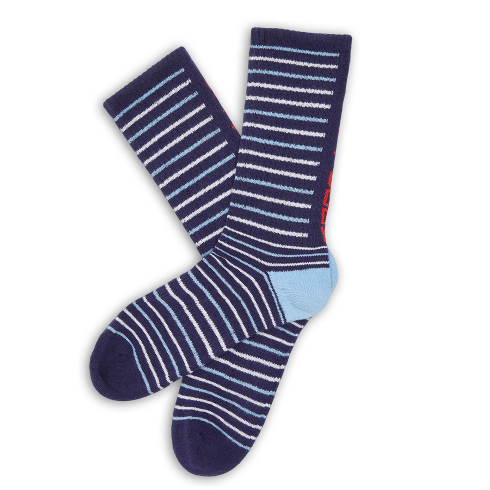 Navy athletic casual  Ole Miss licensed socks with stripes in red and powder blue with Hotty Toddy going down the back of the leg laid flat.
