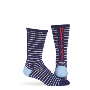 Navy athletic casual  Ole Miss licensed socks with stripes in red and powder blue with Hotty Toddy going down the back of the leg.