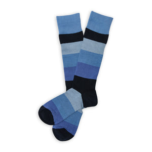 DeadSoxy Irving Cotton Dress Socks flat lay showing wide blue, gray and black color-block stripes
