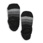 Jax no-show socks laid flat, showing black and grey colour-block design