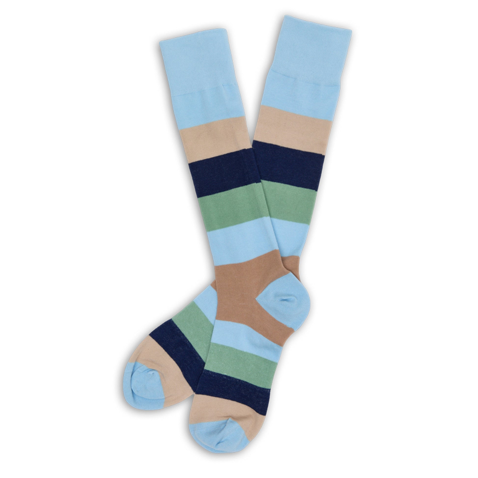 Pair of Jerome men‚Äôs striped dress socks laid flat; sky blue, tan, navy & sage green bands; DeadSoxy TrueStay‚Ñ¢ cuff.