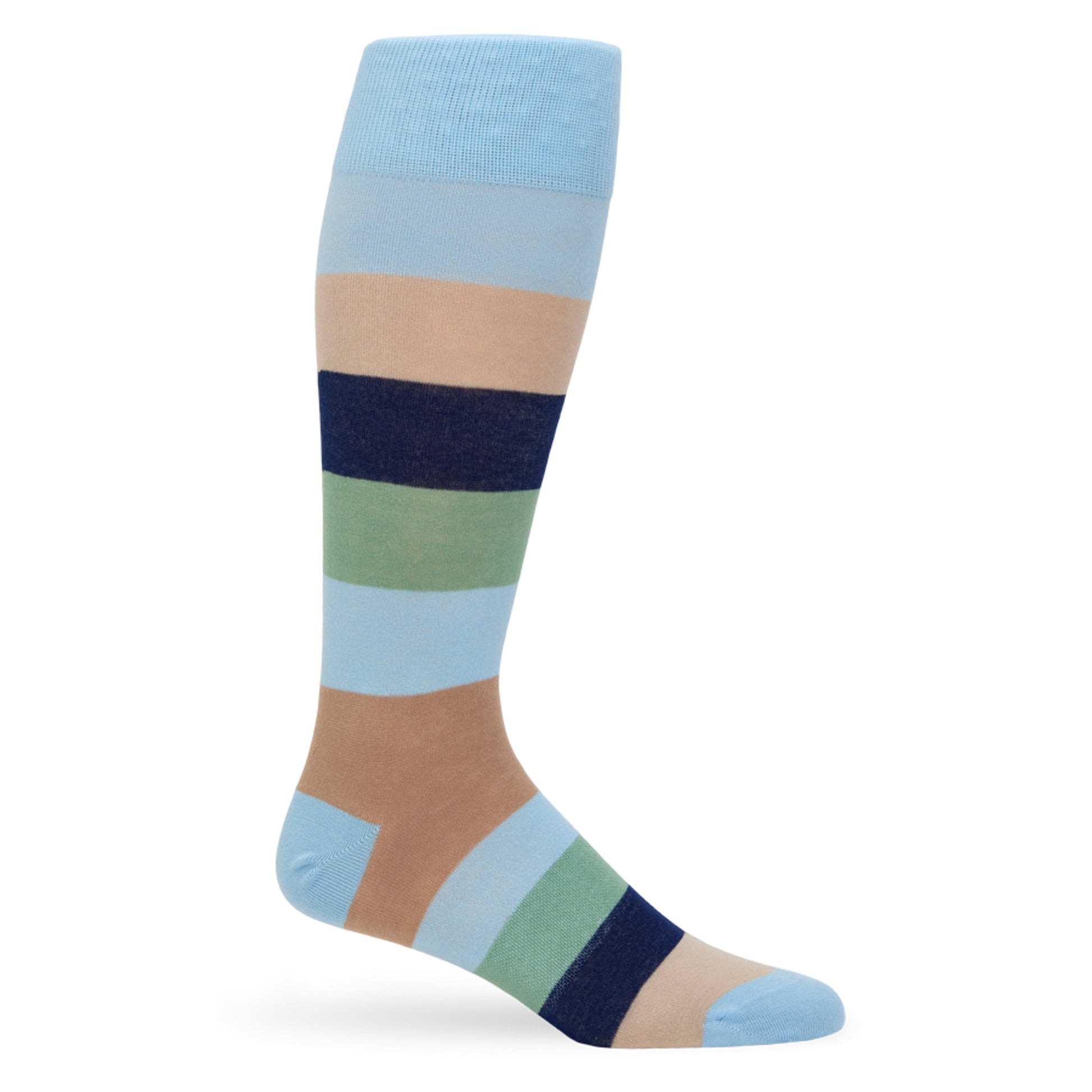 Jerome striped men‚Äôs dress sock‚Äîsky blue, tan, navy, sage green bands; TrueStay‚Ñ¢ non-slip cuff by DeadSoxy.