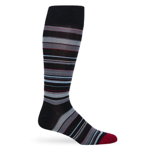 Black dress sock with vertical white stripes displayed upright against a white background.