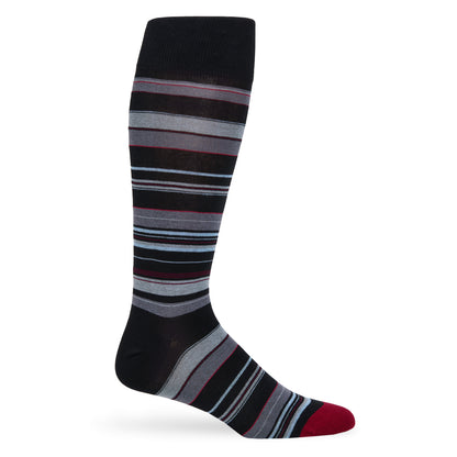 Black dress sock with vertical white stripes displayed upright against a white background.